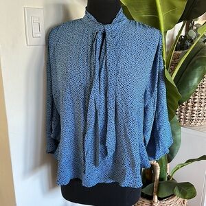 Zara Blue 3/4 length sleeve blouse with mock neck tie up XL